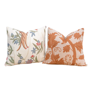 Set of 2, Hand Embroidered Crewel Botanical Pillows
