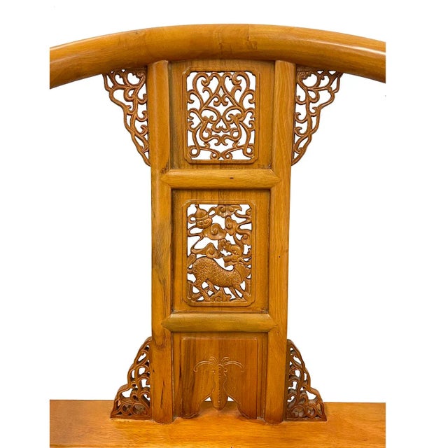 Mid 20th Century Vintage Chinese Camphor Wood Horseshoe Back Armchairs Set For Sale - Image 5 of 13