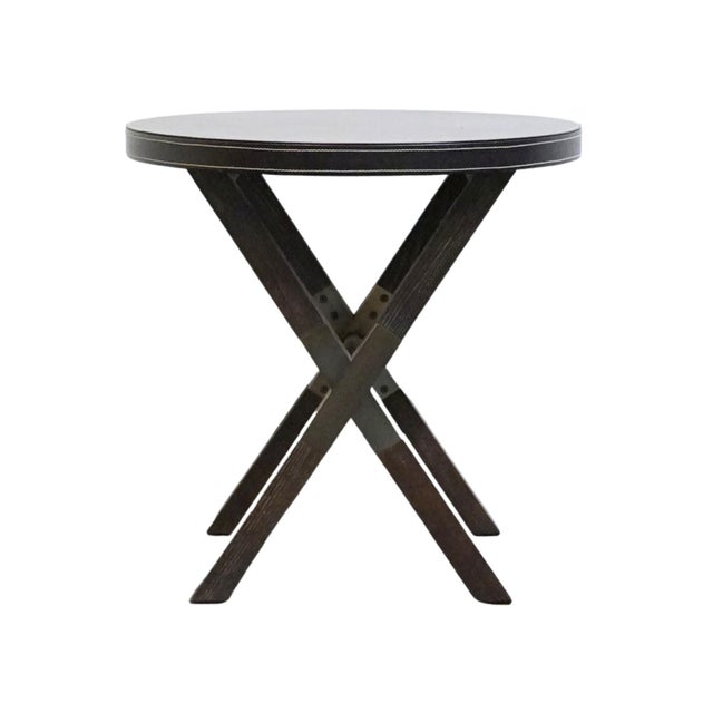 2010s Bernhardt Furniture Clarendon Collection Contemporary 26" Round X-Frame Accent Table W. Leather Wrapped Top 377-125 For Sale - Image 5 of 8