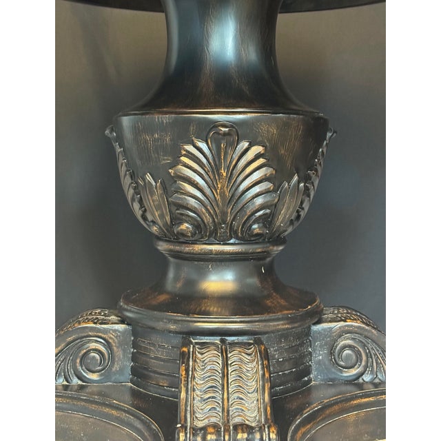 Ebony Late 20th Century Hollywood Regency Neoclassical Pedestal Accent Table With Gilt Marquetry & Glass Top For Sale - Image 8 of 11