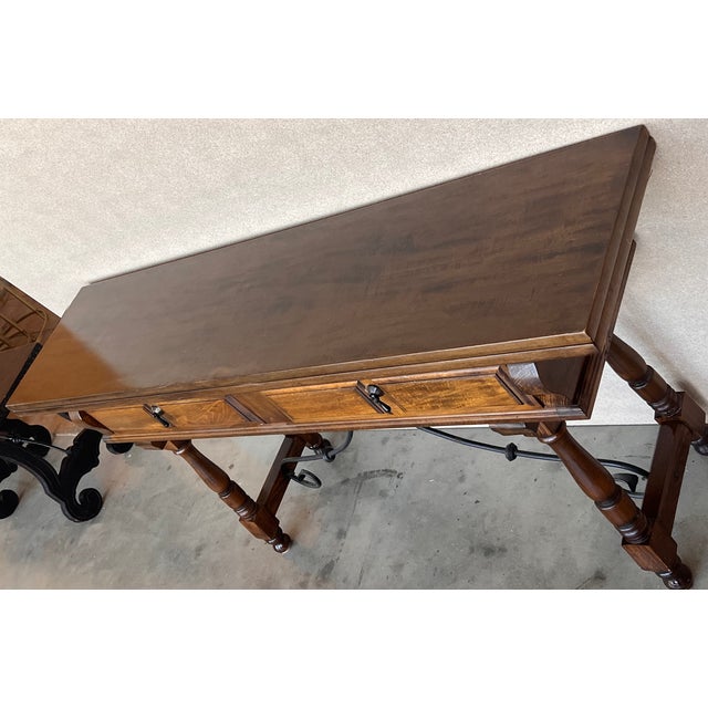Metal 20th Century Spanish Console Fold Out Table With Iron Stretcher and Two Drawers For Sale - Image 7 of 11