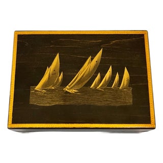 Vintage Ebonized Wood Sailboat Box With Gold Accents For Sale