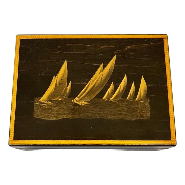 Vintage Ebonized Wood Sailboat Box With Gold Accents For Sale