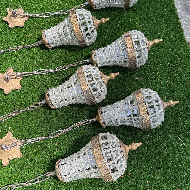 1970s Vintage Gold Metal and Crystal Collection of Baby Pendant Lights- Set of 9 For Sale - Image 5 of 7