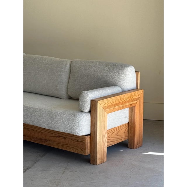 Newly refinished solid oak sofa with new foam seats and upholstery. By Howard Furniture, USA 1950, missing its original...