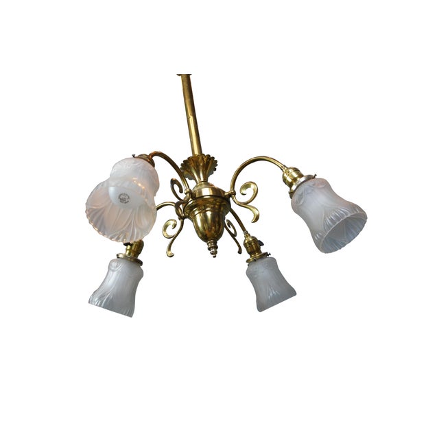 Victorian Antique Victorian Brass 4 Light Parlor Pendant Light Chandelier 28" For Sale - Image 3 of 14