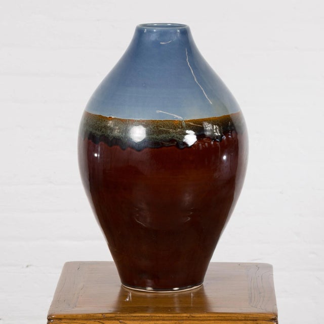 Contemporary Blue & Brown Glaze Ceramic Vase For Sale - Image 11 of 12