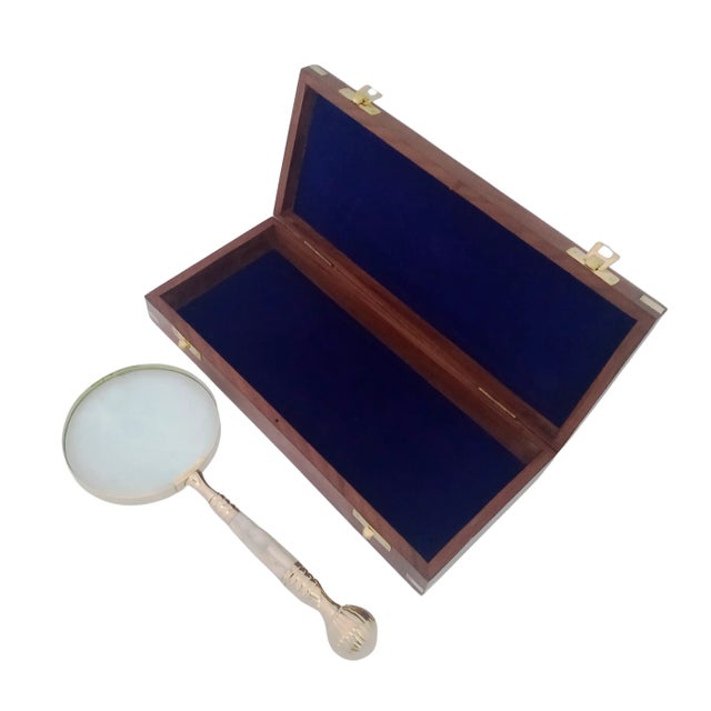 Contemporary Mid-Century Brass Magnifying Glass With Mother of Pearl Inlay in Wooden Box For Sale - Image 3 of 5