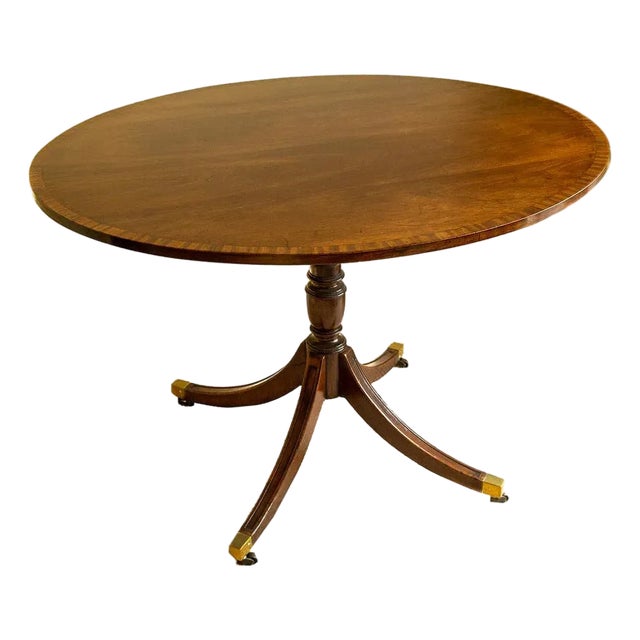 Late 19th Century English Regency Style Mahogany Oval Pedestal Hall or Dining Table With Banded Top For Sale
