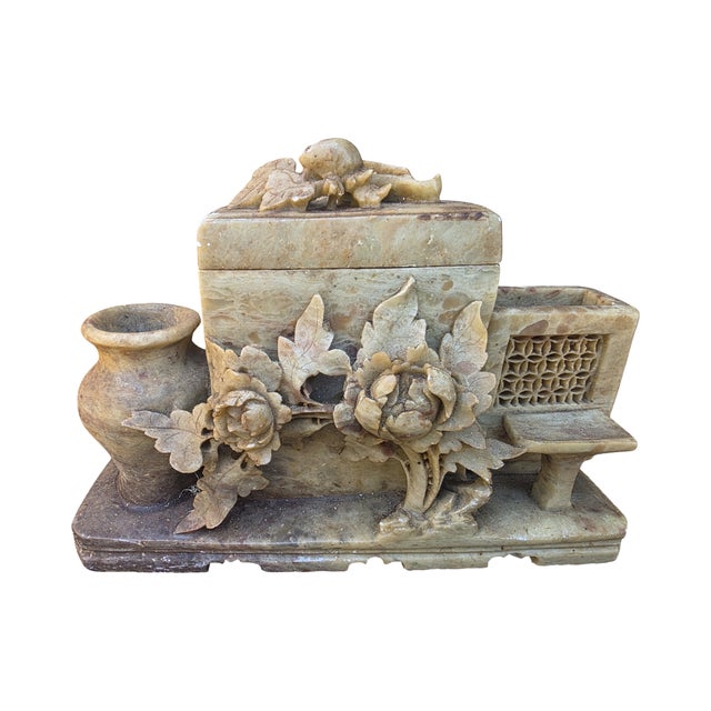 Beautiful vintage hand-carved soapstone scholar's desk set featuring an elegant floral and botanical design with...