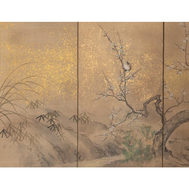 "Egrets and Sparrow", C. 1950s Japanese Yamato-E Style Byobu Screen For Sale - Image 4 of 18