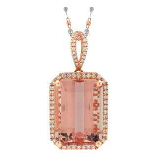 Natural Pink Orange Morganite Gemstone 14.64 Carats Set in 14k Rose Gold Pendant With 1.25 Carats Diamonds For Sale