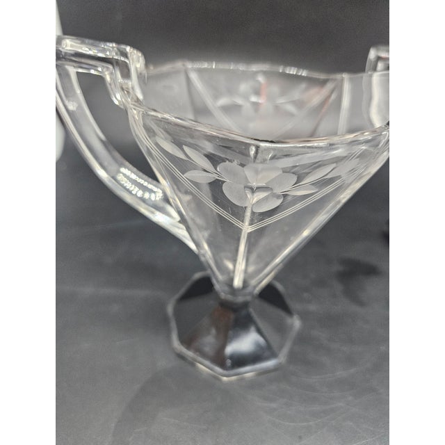 Vintage Art Deco Glass Sugar & Creamer Floral Wheel Cut W/ Black Base Geometric For Sale - Image 4 of 5