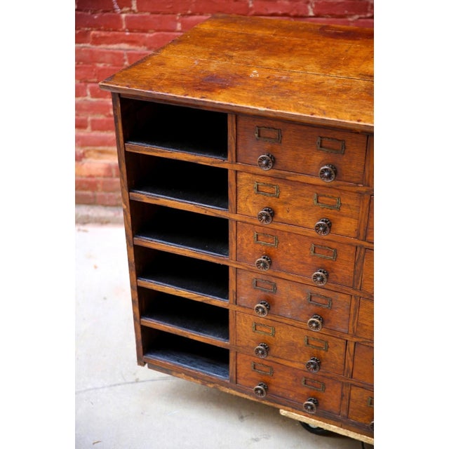 Antique Oak Store Counter Apothecary Card Catalog Kitchen Island (30 Drawers) For Sale - Image 13 of 14