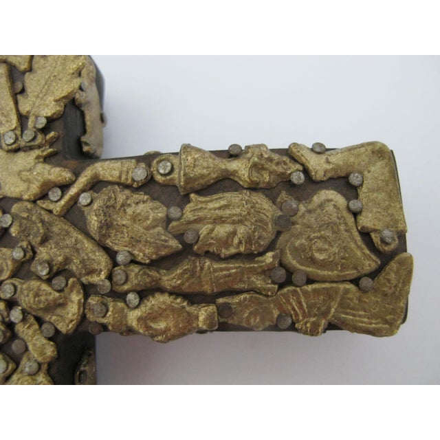 Brass Mexican Folk Art Milagros Hand Carved Wood Cross Nailed Charms Wall Hanging For Sale - Image 8 of 9