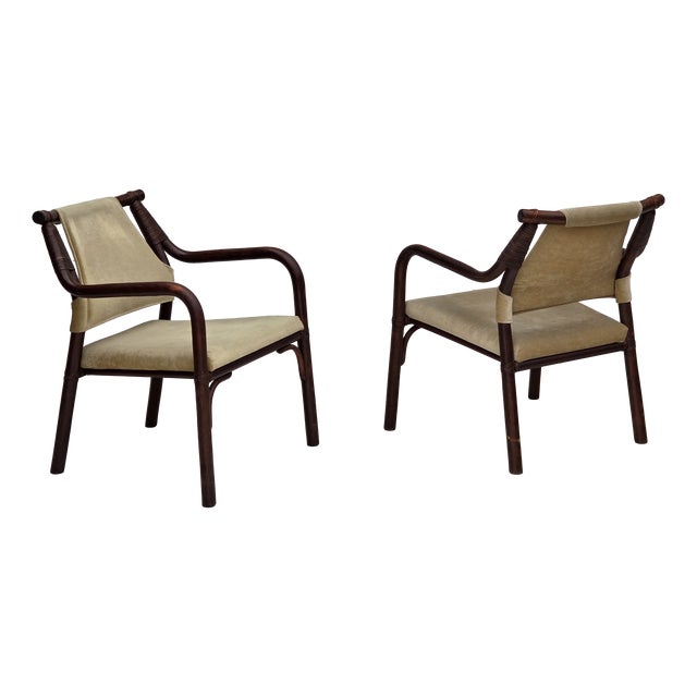 Scandinavian Armchairs with Furniture Velour and Bamboo, 1980s, Set of 2 For Sale