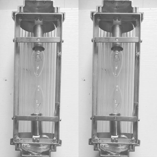 1940s Skyscraper Vintage Art Deco Light Old Lamp Wall Sconces Fixture Nickel Brass & Glass Rod Ship Light - a Pair For Sale - Image 4 of 5