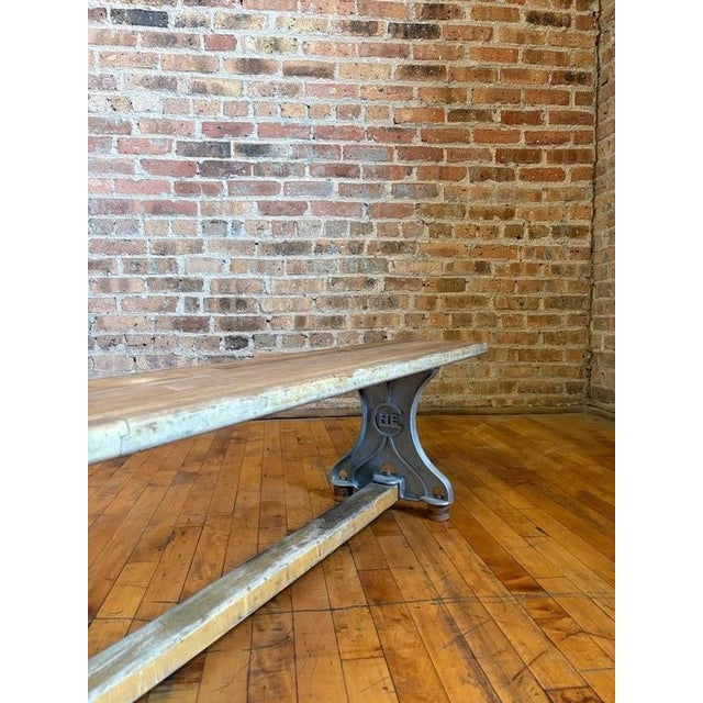 10-Foot Antique Industrial Maple Butcher Block & Cast Iron Locker Room Bench For Sale - Image 13 of 16