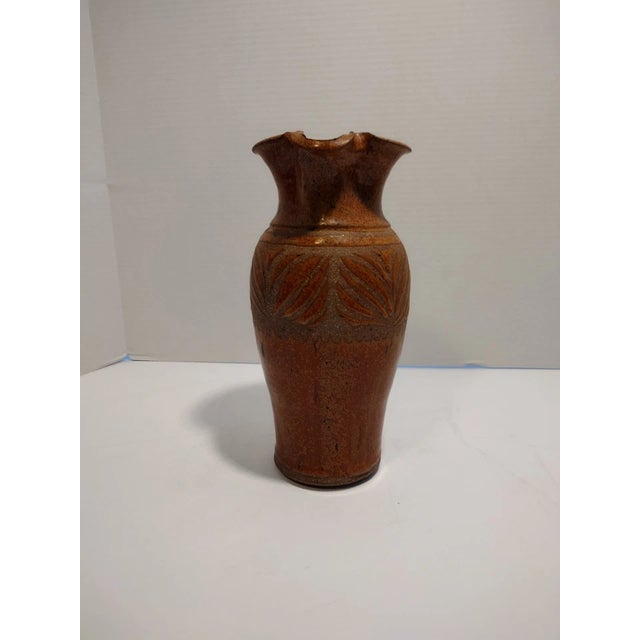 Late 19th Century Studio Pottery Pitcher With Incised Leaf Decoration and a Speckled Glaze For Sale - Image 5 of 10