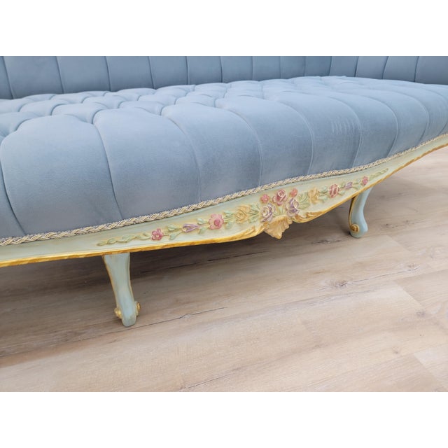1970s Sky Blue Tufted French Provincial Sofa | Hand-Painted Floral Trim, Louis XV Style Settee For Sale - Image 9 of 12