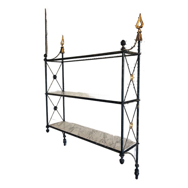 Late 20th Century Modern Federal Wrought Iron & Marble Hanging Shelf For Sale