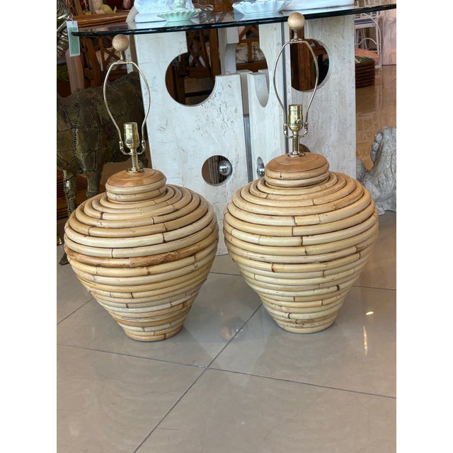 Vintage Palm Beach Coastal Large Rattan Table Lamps Newly Wired - a Pair For Sale - Image 11 of 12