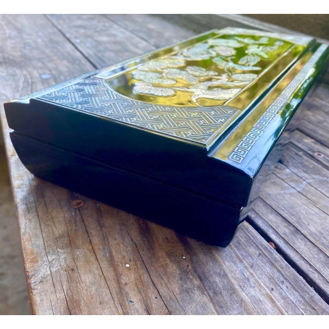 Large Vintage Korean Black Lacquer Mother-of-Pearl Scholar’s Box With Brass Dish Insert For Sale - Image 9 of 16