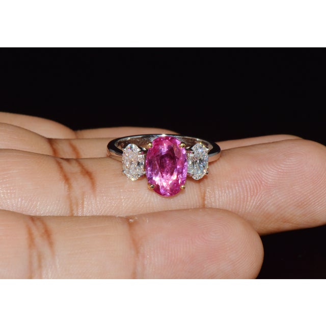 Hot Pink Late 20th Century Gia Certified 3.68Ct Madagascar Pink Sapphire E VVS Diamond Solid 950 Platinum 18k Gold Ring, Size 6.5 For Sale - Image 8 of 15