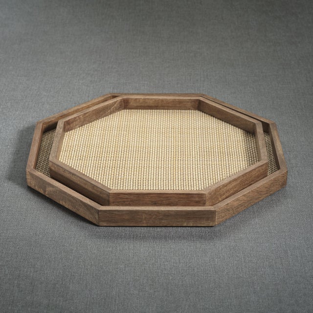 Banyan Mango Wood with Rattan Inlay Octagonal Tray, Small For Sale - Image 4 of 5
