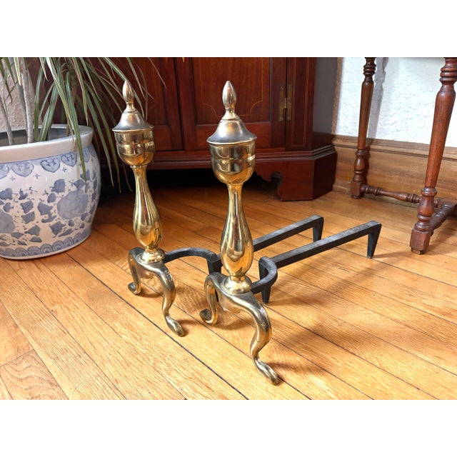 American Mid 20th Century Federal Style Brass Fireplace Andirons - A Pair For Sale - Image 3 of 11