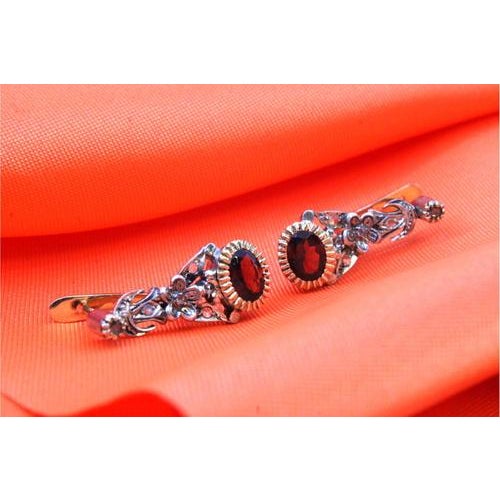 Gold and Silver Earrings with Diamond Chips and Oval Garnets, Set of 2 For Sale - Image 6 of 8