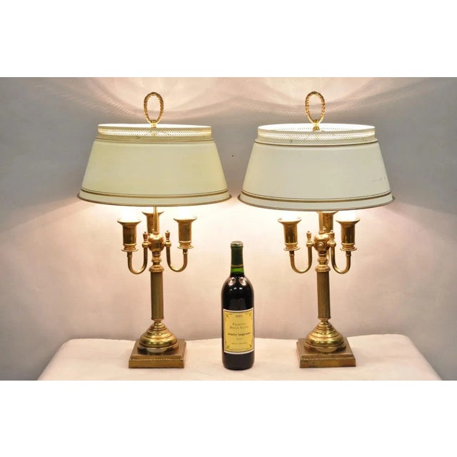 Vintage French Country Tole Metal Shade Brass Column Candelabra Table Lamps - a Pair. Circa Late 20th Century....