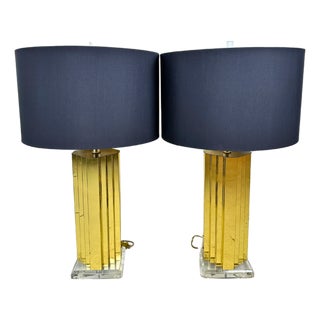 Vintage Mid-Century Brass Lamp Pair With New Shades For Sale