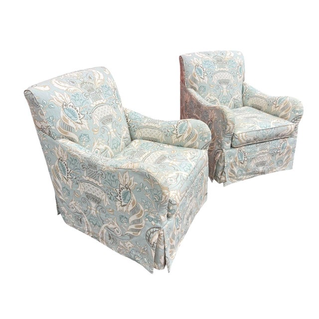 Pair of Swivel Rocker Club Chairs in Coastal, Soft Color Palette For Sale In Philadelphia - Image 6 of 8