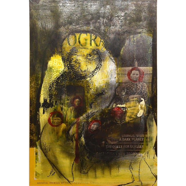 This intriguing mixed media work by Reza, titled "Layered Histories," transforms a National Geographic Society cover page...