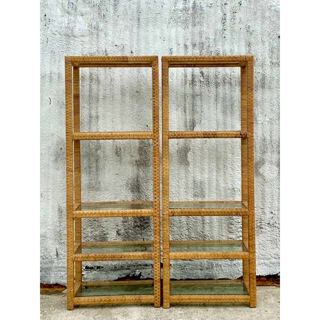 Wood Vintage Coastal Woven Rattan Etagere - a Pair For Sale - Image 7 of 7