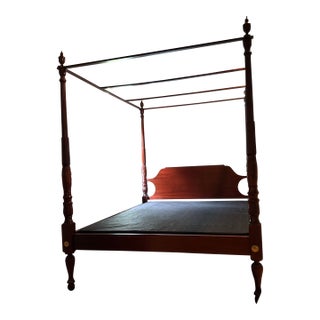 Solid Mahogany Rice Carved Four Poster Queen Bed With Canopy Frame and Low-Profile Boxspring For Sale