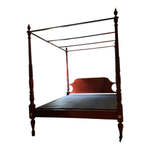 Solid Mahogany Rice Carved Four Poster Queen Bed With Canopy Frame and Low-Profile Boxspring