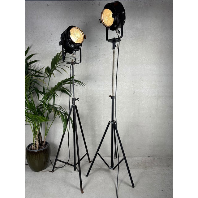 A set of 2 cremer paris theatre spotlights on tripods. Fits any interior: industrial, eclectic, or country. Fresnel lens...