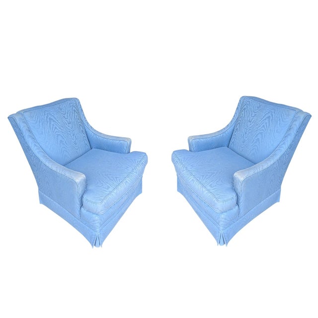 A Pair of Vintage Hollywood Regency style Blue Faux Bois Upholstered Club Chairs Custom made by Eldridge Custom Upholstery...