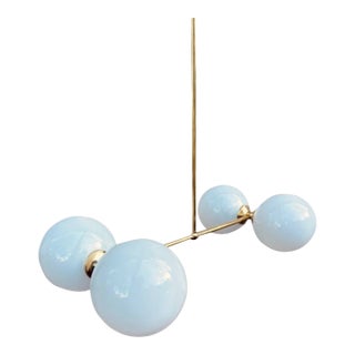 Brass Sputnik Chandelier With 4 Opaline Globes - Mid 20th Century For Sale