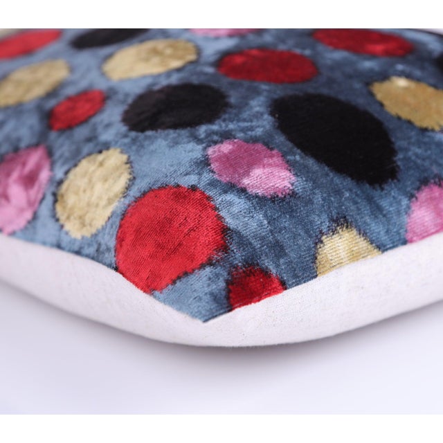 2020s Handmade 16x16 Velvet Pillow – Multicolor Dots on Blue For Sale - Image 5 of 8