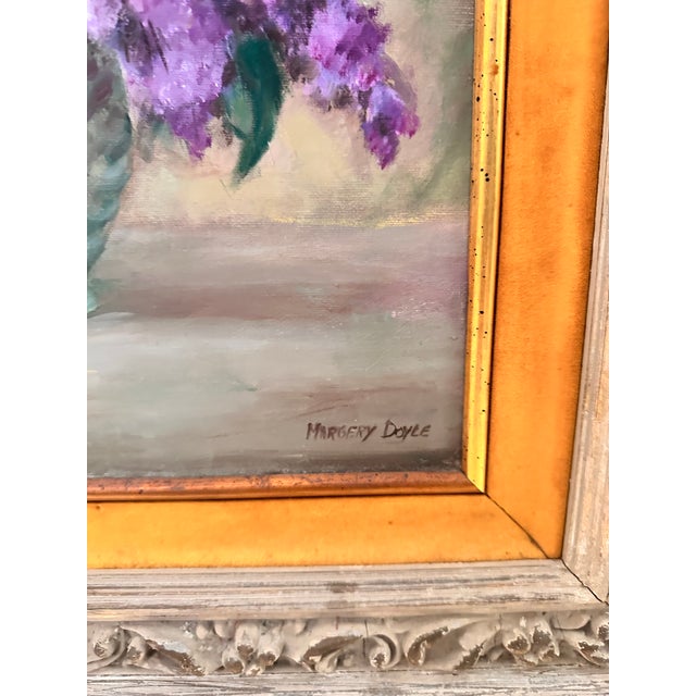 Gorgeous hand painted still life of vase filled with lilac. Wonderful soft color palette framed in a ornate carved frame...