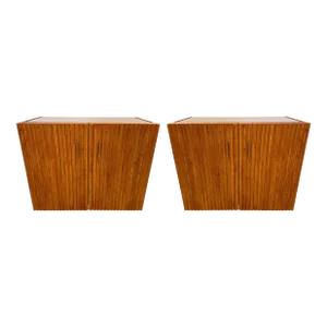 Contemporary Pair of Wood Plissé Brass Mirror Buffets Cabinets, Italy