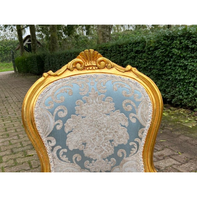 Gold Pair of Vintage 1950s French Louis XVI Side Chairs – Gilded Beechwood & Elegant Damask Upholstery For Sale - Image 8 of 9