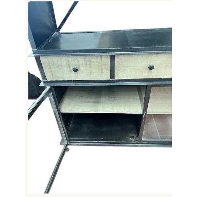 Huge Industrial Open Shelf Iron & Teak Wood Glass Door Bookcase For Sale In Philadelphia - Image 6 of 7