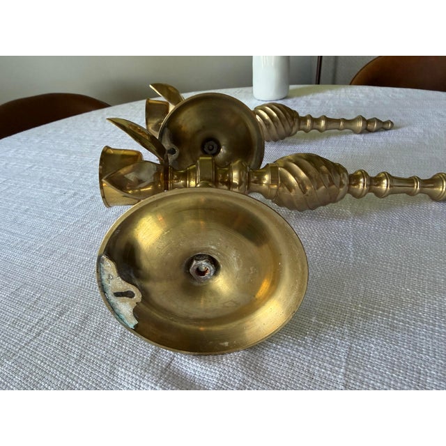 Hollywood Regency Vintage Solid Brass Lotus Flower Wall Sconces — Pair For Sale - Image 3 of 8