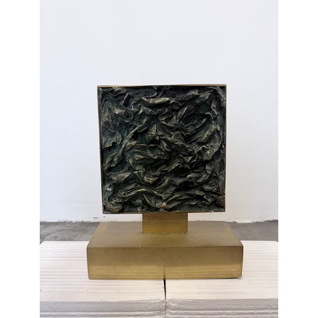 Modern brutalist verdrigis bronze sculpture in a patinated polished bronze frame and base attributed to Brazilian plastics...