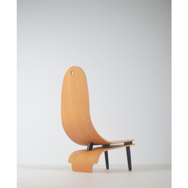 Unique Danish design lounge chair in wood. Unfortunately, not much is known about this unusual chair; it may be a prototype.