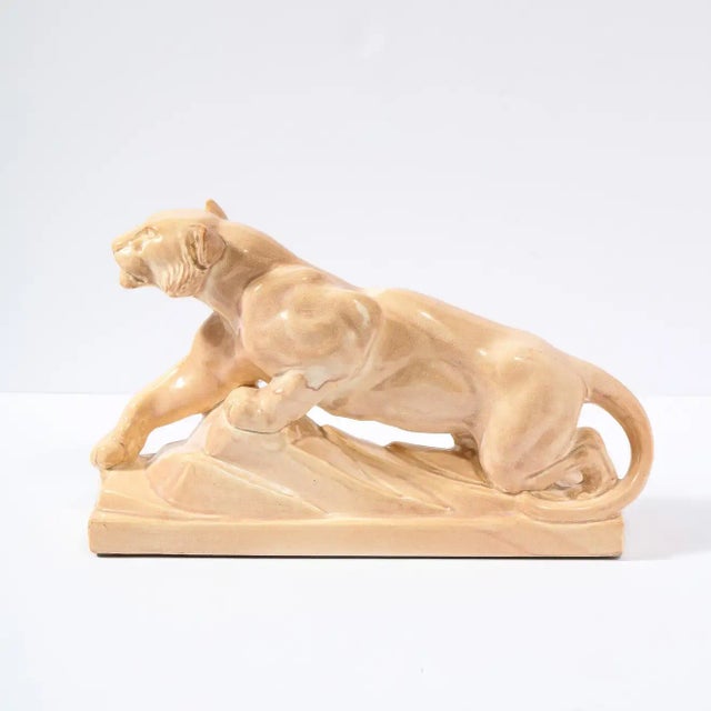 1930s Art Deco Pale Terracotta Ceramic Sculpture of Stylized Pouncing Tiger For Sale - Image 5 of 13
